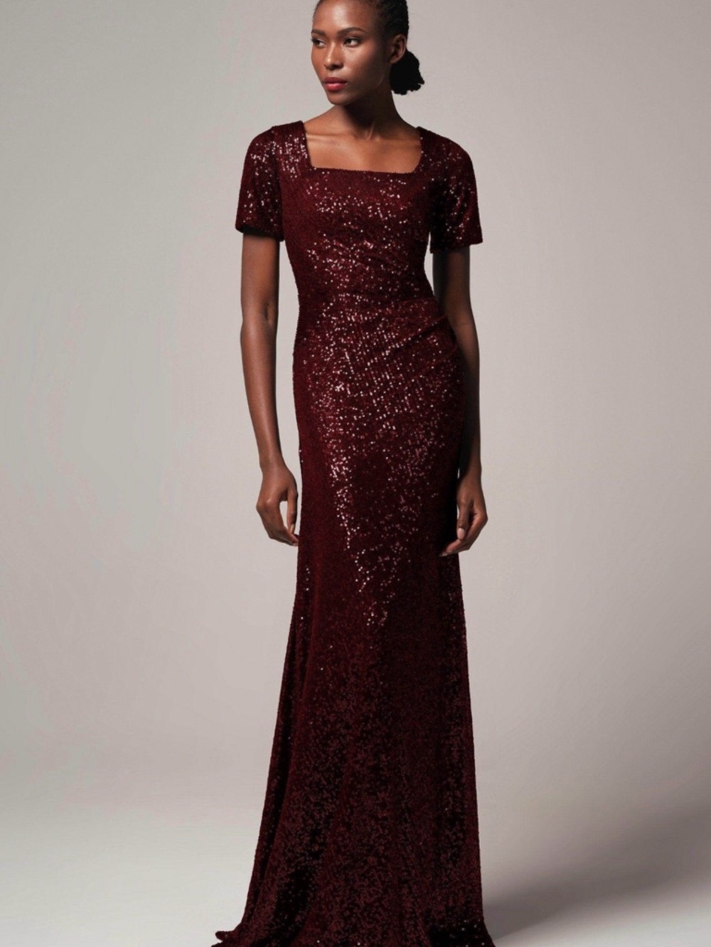 Adrianna Papell Burgundy Sequin Gown Formal Evening Dress Short Sleeves